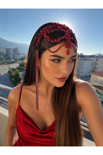 Milena Collection Püsküllü Kırmızı Alınlık- Kına, Nişan ve Özel Gün Saç Akses...