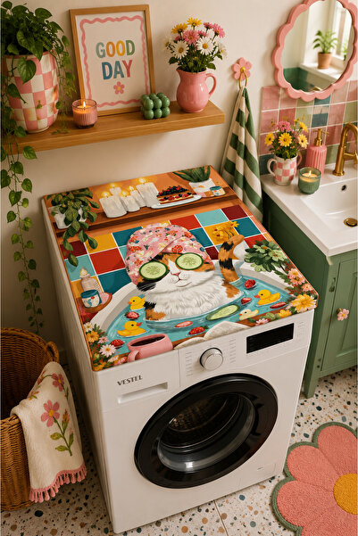 ALAMODECOR Banyodaki Kedi Model Çamaşır Makine Örtüsü - 60x60