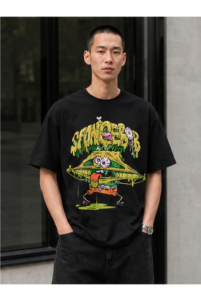 fingerjewerly Spongebob Printed Oversize T-Shirt Unisex 80% Cotton Boxy Fit Streetwear T-Shirt Thick Textured