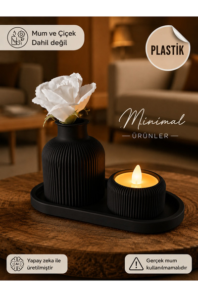 Filkorium3D Dekoratif Tepsi Çiçeklik Mumluk Seti 3'lü Minimal Ev ve Masa Deko...
