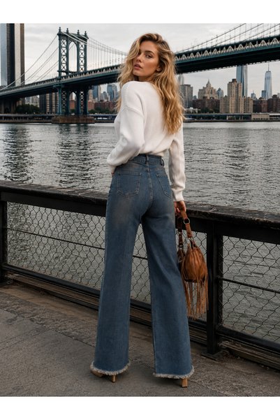 Swet Shop Jeans Women's High Waist Faded Effect Vintage Belted, Waist Tassel Leg Tassel with Lycra Palazzo Jean