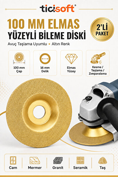 Ticisoft 100 mm Elmas Yüzeyli Altın Bileme Taşlama Diski 16 mm Göbek Avuç Taş...
