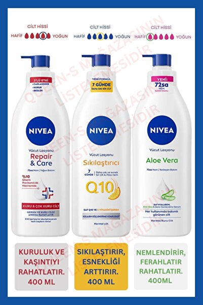 NIVEA Vücut Losyonu 3'lü Bakım Seti | Aloe Vera Nemlendirme + Repair & Care K...