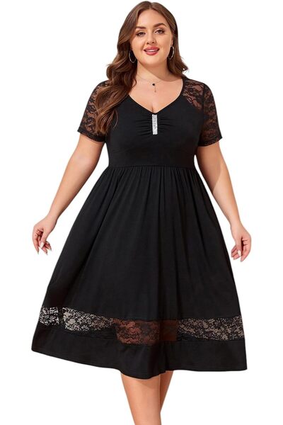 OtherMax Rochie Midi din Dantelă cu Decolteu în V și Buzunare Neagră Plus Siz...