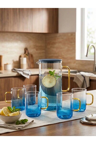 Borosilikat Cam Gold Saplı Sürahi 1300 Ml 4 Bardaklı MAVİ