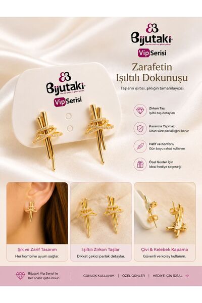 Gold Renk Zirkon Taşlı Çivi Küpe