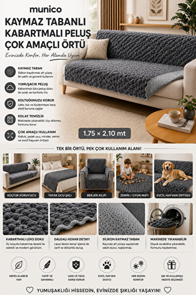 Munico 3 Adet Modern Lüks Peluş Koltuk Şalı Kaydırmaz Kanepe Koruyucu Çok Ama...