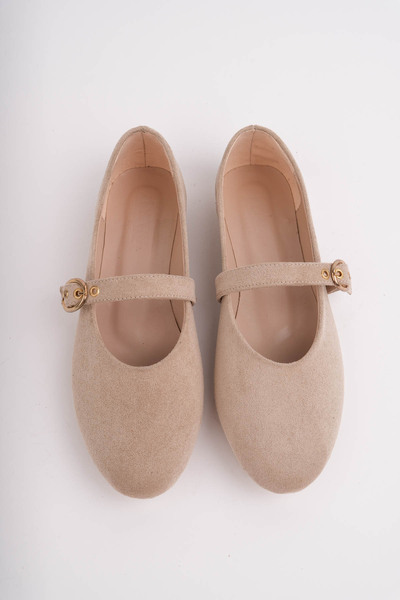 VİYANAAYAKKABI Babet Beige Suede Mary Jane Women's Ballerinas with Belt