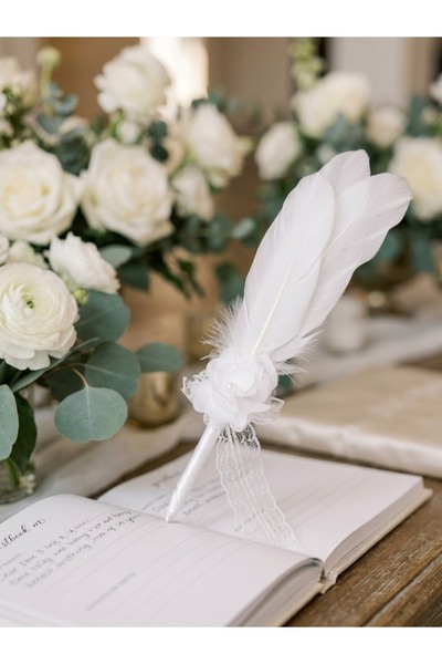 Massaltay Beyaz Tüylü Çiçekli İncili Gelin Kalemi – Nikah Düğün Nişan Söz İmz...