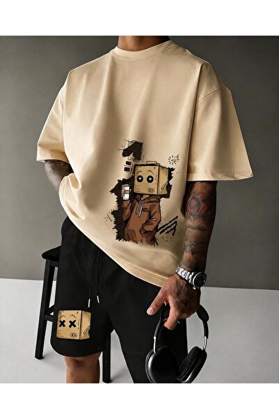 T-Shirt Şort - Şortlu Tişört Alt Üst Takım Baskılı Bisiklet Yaka
