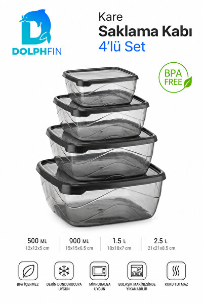 DolphFin Set of 4 Square Storage Containers with Lids 500 ml 900 ml 1.5 L 2.5...