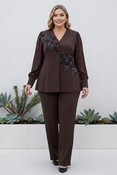 Moda Amore Women's Stone Embroidered Crepe Jacket Trousers Suit Stylish Doubl...