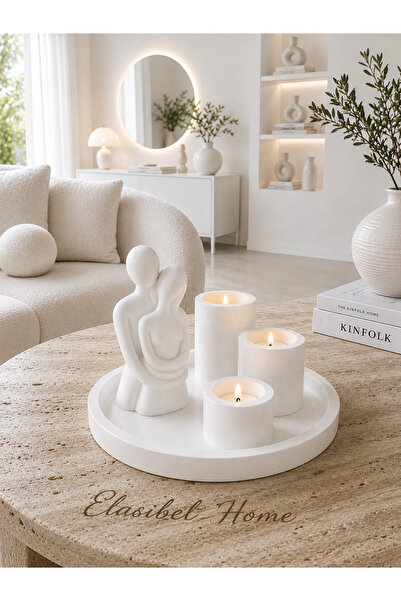 ELASİBEL HOME Beyaz Dekoratif Sevgili Biblo, 3’lü Mumluklu 5 Parça Tepsili Set