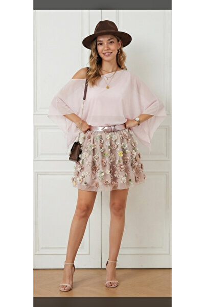 Butik2 KADİN YARASA KOLLU DÖKÜMLÜ GENİŞ TARZ CROP TÜL ŞİFON BLUZ