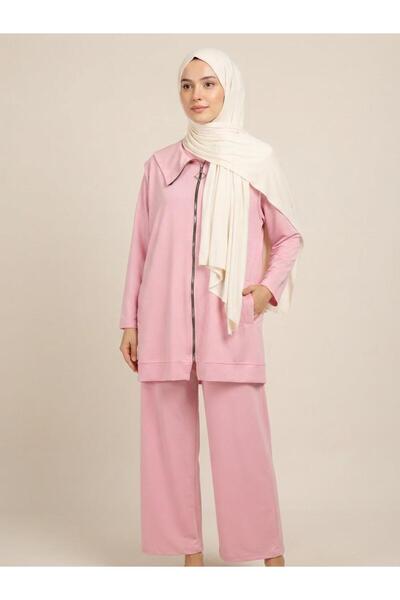 Kadın Pembe Fermuarlı Yaka Detaylı Üçlü Takım - Rahat Kesim Tunik Pantolon Set