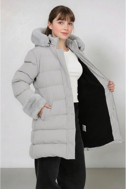 Ricalena Girl's Thick Winter Fleece-Lined Hooded Coat with Fur on the Sleeves and Hood, Comfortable Long Stylish Waterproof Coat