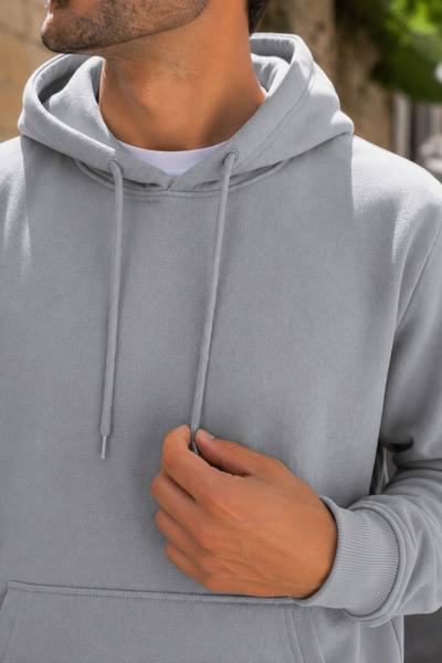 Zenvia Erkek Gri 3 İp Kapüşonlu Kanguru Cepli Sweat Yumuşak Kumaş İçi Polarlı