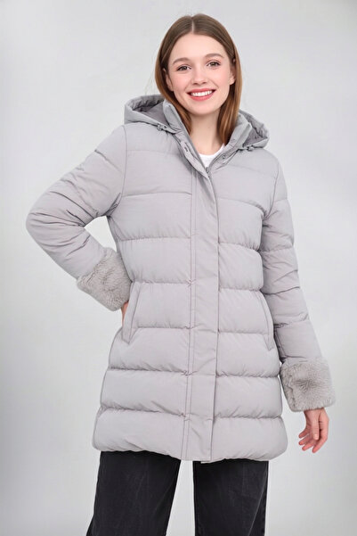 TheJOJODesign 5-13 Yaş Kız Çocuk Mont Kapüşonlu, Detaylı, Gri Şişme Kışlık Mont