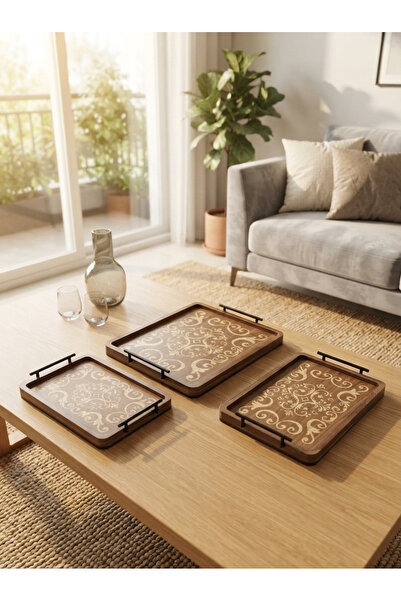 Generic Rectangular Dark Brown Wooden Serving Tray Set with Handles on Sides ...