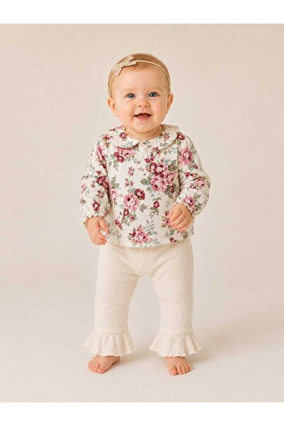 altıntop bebe Baby Girl Floral Print Top & Ribbed Ruffle Pants 2 Piece Set