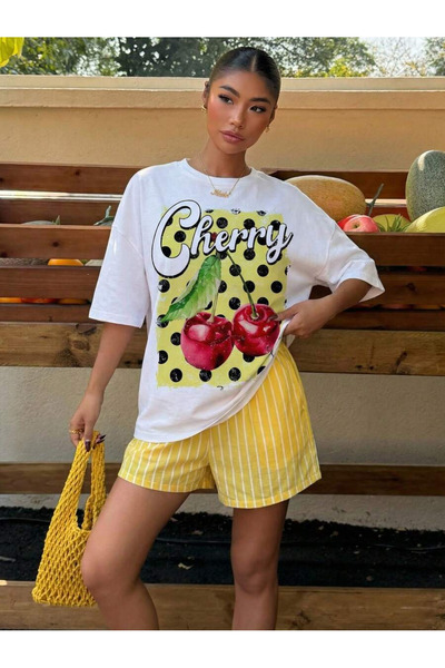 OVER HEAD Women's Polka Dot Cherry Printed Oversized T-Shirt