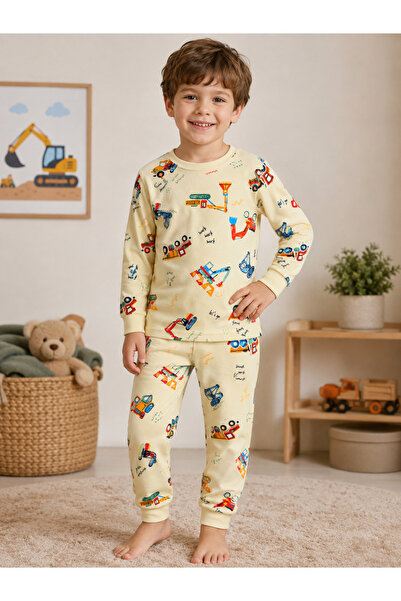 Turuncu kids Erkek Çocuk Tereyağı Sarısı İş Makineleri Desenli Uzun Kollu Pij...
