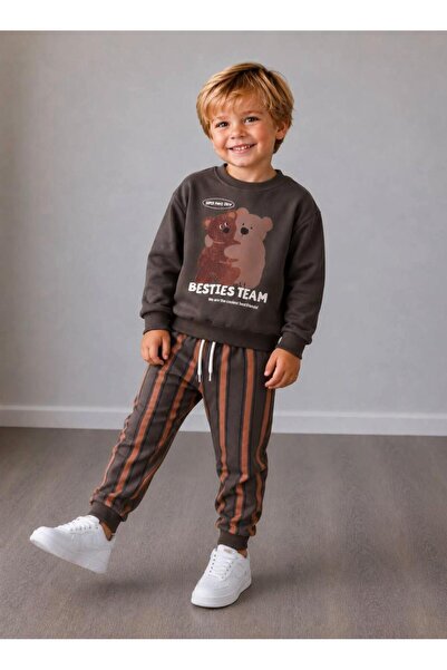 is kids wear Erkek Çocuk Ayı Baskılı 'Besties Team' Yazılı İki İplik Sweatshi...