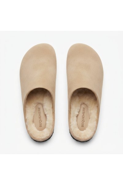Bequemere Mw410 Beige Genuine Suede Leather with Real Wool Inside, Winter Full Coverage Cork Sole Unisex Orthopedic Sabo Slippers