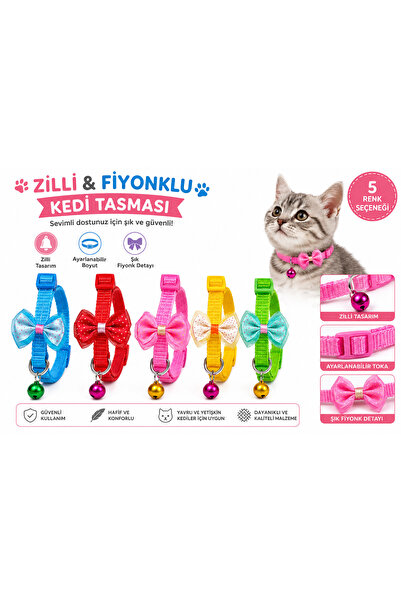 Genel Markalar Zilli Fiyonklu Kedi Tasması Ayarlanabilir Renkli Papyonlu Kedi...