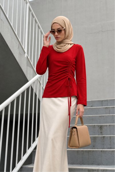 LENFORA Asimetrik Kesim Bağcık Detaylı Sweatshirt -Kırmızı