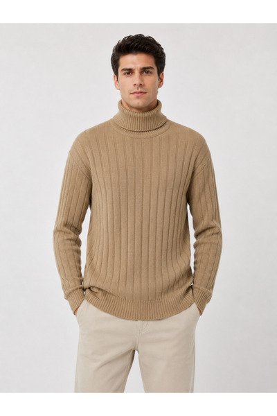 NECO GİYİM Men's Turtleneck Ribbed Knit Sweater - Long Sleeve Basic Winter Sw...