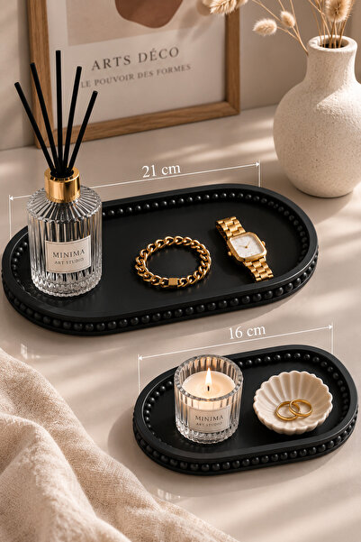 Minima Art Studio 2’li Siyah İnci Detaylı Dekoratif Oval Tepsi Seti 21 cm & 1...