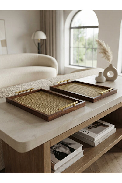 Generic Rectangular Brown/Gold Wood Serving Tray Set with Handles Side Table ...