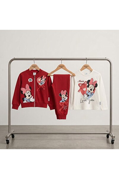 GREYFURTKİDS Minnie Mouse Themed Long Sleeved Tracksuit with Cardigan 3-Piece...
