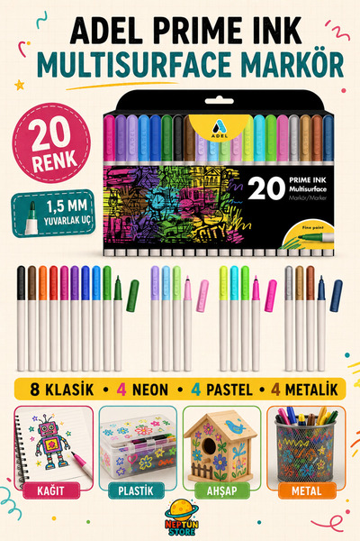 neptünstore Adel Prime Ink Multisurface Marker Kalem - Markör Kalem 20’li Kar...
