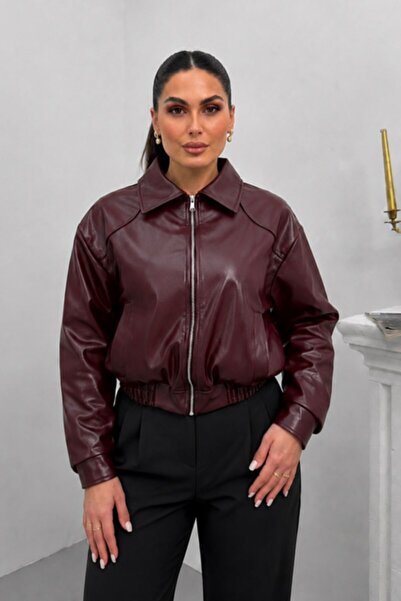msm fashion Kadın Deri Ceket Kısa Çift Cepli Beli Lastikli Uzun Kollu Fermuar...