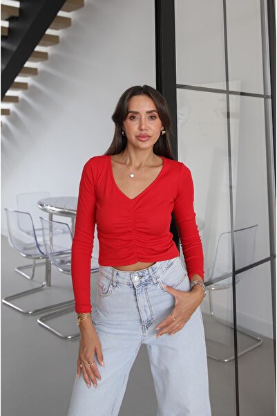 Havoş Red V-Neck Gathered Front Blouse
