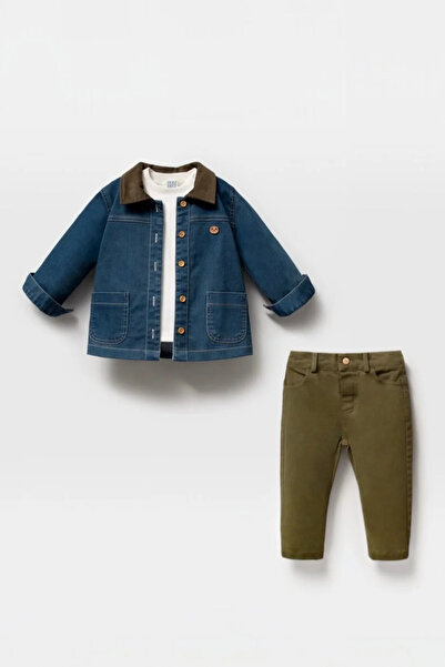 Tuğra Bebe Baby Boy Velvet Collared Denim Jacket, White Top and Khaki Pants 3...