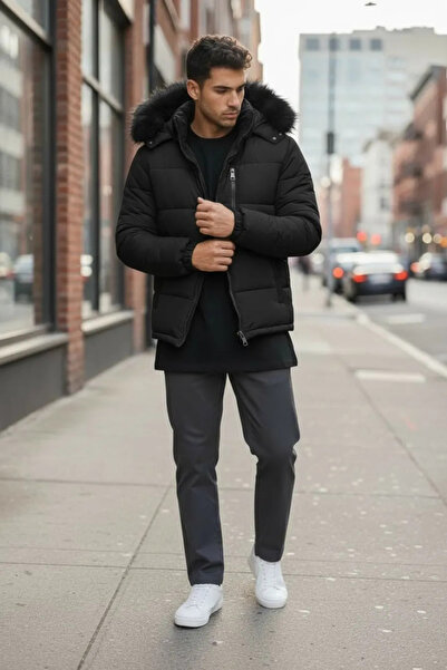 dehaine Men's FUR-FURRED jacket, detachable hood, detachable fur, casual jack...