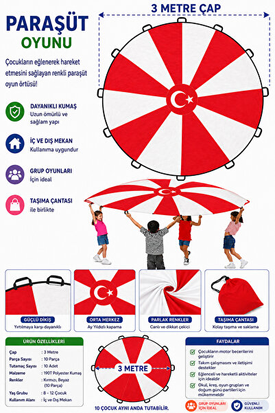 KAŞIKBEY 300 cm Ay Yıldız Kırmızı Beyaz Gösteri Paraşütü Aktivite Gelişim Ana...