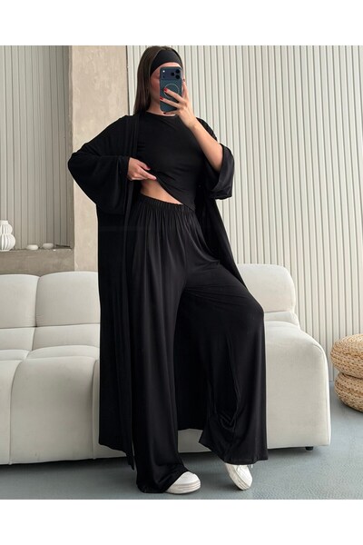 FERZOLAİO Siyah Kimono Pantolon Bluz Üçlü Takım