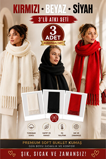 Salt & Sandy 3'lü Kırmızı Beyaz Siyah Premium Soft Buklet Atkı Seti Unisex