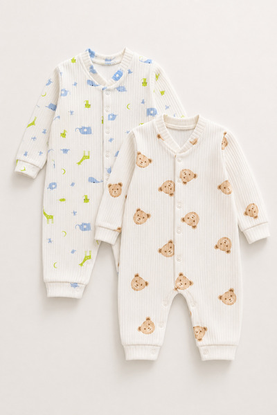 mini kanka 2Pcs Baby Long Sleeve Snap Rompers Ribbed Cotton Patterned Unisex ...