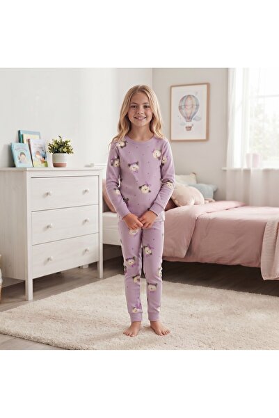 Little D&E Kız Çocuk Ayıcık Desenli %100 Pamuklu Lila Pijama Takımı