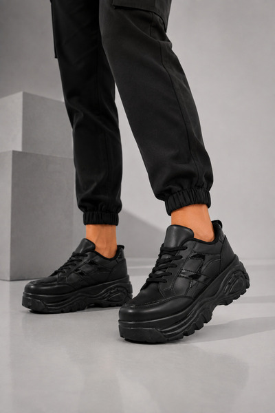 Encool Siyah Kadın Sneaker Günlük Spor Ayakkabı Kalın Yüksek Taban Rahat Bağc...