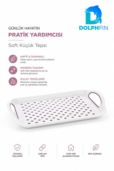 DolphFin Soft Small Size Plastic Serving Tray with Handle, Dot Patterned, Whi...