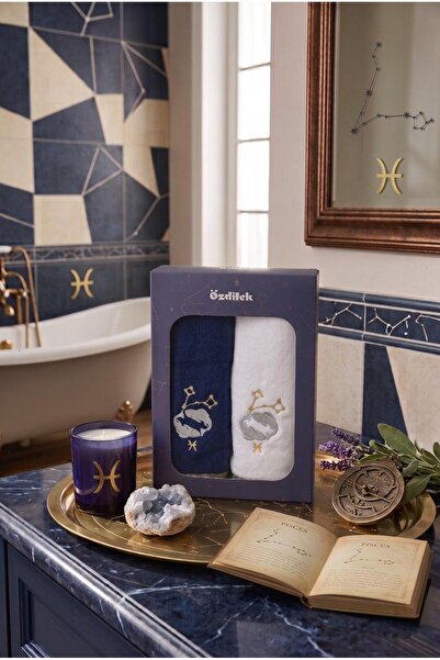 Özdilek Hand and Face Towel Set of 2 in Box with Pisces Zodiac Embroidery 50X90