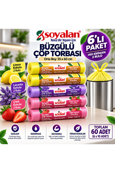 Soyalan Büzgülü Çöp Torbası Orta Boy 55x60 cm 6 Rulo 3 Farklı Koku Limon Lava...