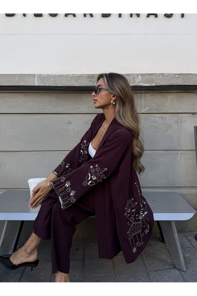 MİA NOURA Women's Kimono Pants Set with Bead Embroidery on the Back and Tansel Tiril Fabric