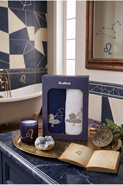 Özdilek Hand and Face Towel Set of 2 in Box with Lion Zodiac Embroidery 50X90